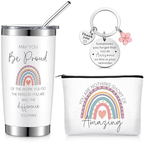 Blulu Leaving Gifts for Women Teacher Appreciation Inspirational Gifts Set Includes 1 Tumbler Cup 1 Keychain 1 Rainbow Makeup Bag for Colleagues Women Coworkers Employee Teacher Graduation