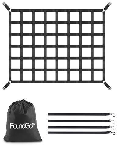 FoundGo Gepäcknetz für Pickup LKW Ladefläche [167x127cm 4.6cm Bandbreite] Schwerlast Anhängernetz Reißfest Heckklappe Frachtnetz Verstellbar für Pickup LKW Anhänger inkl. 4X Festen Gurten