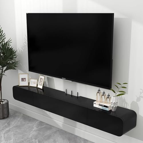 Black Floating TV Unit - 160cm Wall Mounted Cabinet With Door, Large Storage TV Bench For Living Room