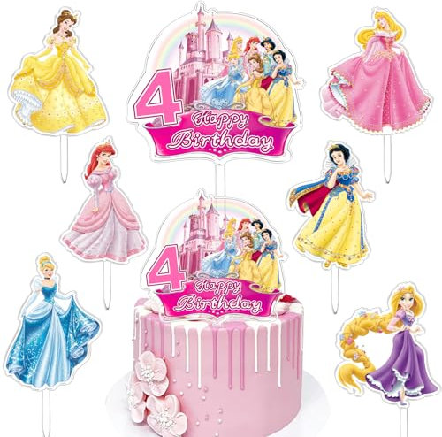 7 Stück Prinzessin Kuchen Dekoration 4 Jahre, Prinzessin Cupcake Toppers, Prinzessin Theme Torten Deko, Prinzessin Cake Acrylmaterial, Party Dekoration, Geeignet für Mädchen Geburtstagsfeier