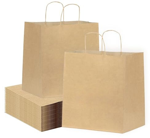 50 Sacs en Papier Kraft 34x22x38 cm avec Poignées | Sac Take Away : Sachet Alimentaire pour Emporter | Sac Cadeau pour Noël