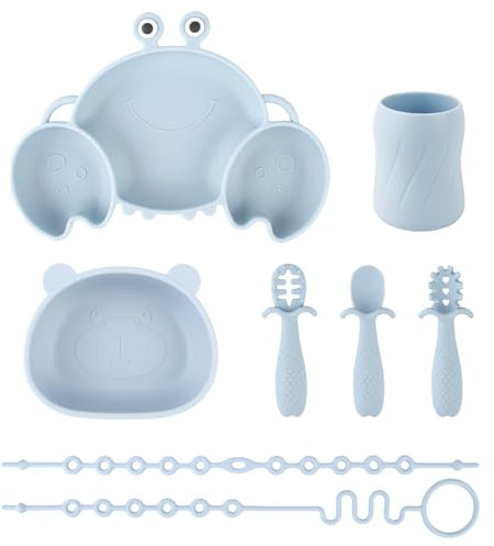 Juego de vajilla para bebé de silicona con ventosa, 8 piezas, juego de comidas para niños, incluido antideslizante Plato, cuenco, taza, 3 cucharas y 2 correas de seguridad, sin BPA (azul)