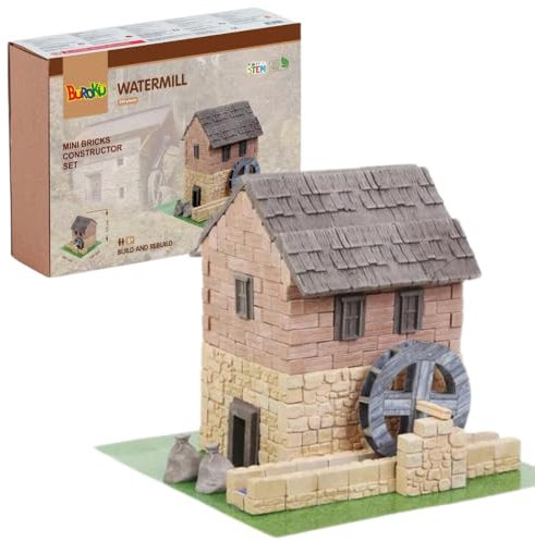 Buroku Mittelalterliches Bau-Set, 390 Teile, realistische Wassermühle, Steinsteine, fördert das Stem-Lernen und die motorischen Fähigkeiten, für Kinder und Erwachsene, inklusive Kleber