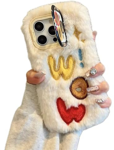 Rnrieyta Miagon Kamera Kickstand Handyhülle für iPhone 16 Pro,Weich Winter Warm Lustig Hase Haare Kunstpelz Plüsch Fluffy Flexibel Kawaii Handytasche Schale