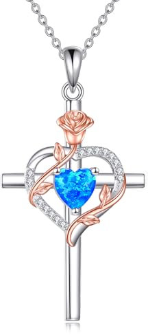 Chaîne en argent sterling 925 avec pendentif en forme de croix rose - Cadeau pour femme, Argent sterling, Opale