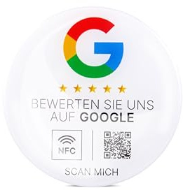Google Bewertung NFC Sticker, Epoxy, 75 mm, fertig eingerichtet, mit NFC und QR-Code für einfache Kundenbewertungen, für metallische Oberflächen geeignet, Google Bewertung NFC Aufkleber (Weiß)