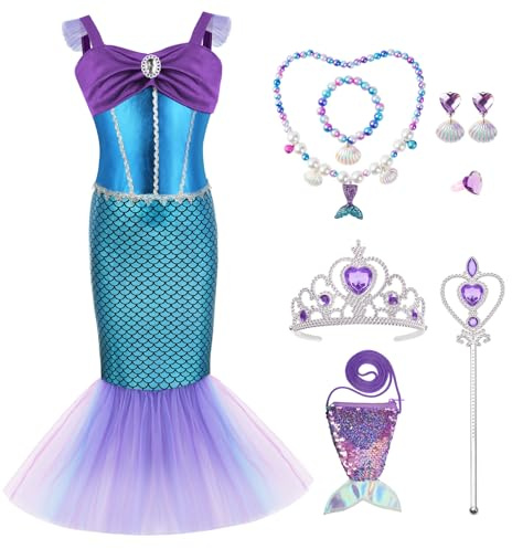 AYBUY Meerjungfrau Kostüm Mädchen Kinder, 6 Teiliges Set Meerjungfrau Kleid Mädchen mit Lila Krone und Zepter, Kostüm Kinder für Karneval Party Halloween Weihnachten Cosplay