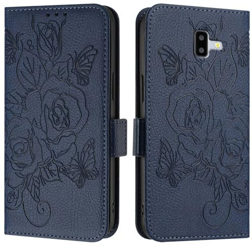 Étui à rabat pour smartphone Compatible avec Samsung Galaxy J6 Plus, étui portefeuille fin en cuir PU, étui folio à rabat, étui de protection antichoc avec porte-cartes + dragonne Étuis à rabat(Blu)