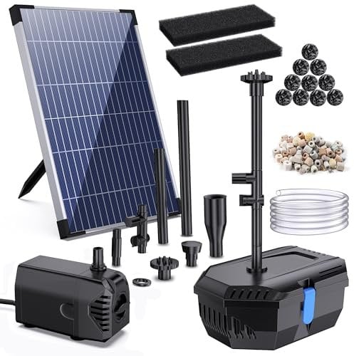 Biling Filtro solar para estanque de 12 W con bomba, 605 l/h, filtro de estanque, bomba solar con manguera, 4 boquillas de 5 m, cable de 5 m, fuente solar para estanques exteriores, tanque de peces