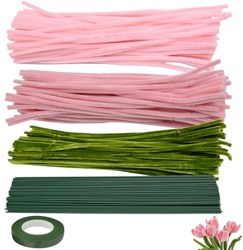 FORYNXHWIN Tulpe Blumenstrauß Pfeifenreiniger Set, 300 Stück Pfeifenputzer zum Basteln, Pfeifenreiniger zum Basteln mit Blumendraht, Klebeband, Grün Basteldraht, 3 Farben（Rosa, grüne, Hellrosa)