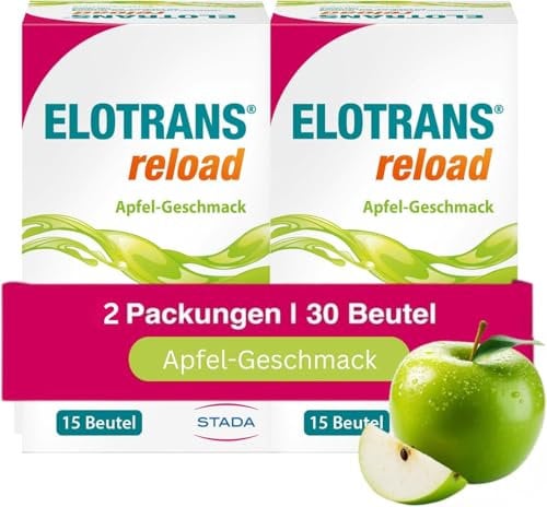 ELOTRANS reload - isotonische Elektrolyt-Glucose-Mischung - Nahrungsergänzungsmittel mit Magnesium, Kaliumchlorid, Cholin und B-Vitaminen - 2 x 15 Beutel Apfel