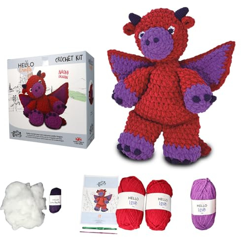 KNITTY CRITTERS – Main Collection – Naomi Dragon| Beginner-Friendly Crochet Craft Kit with Recycled Yarn