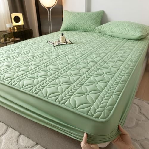 KnSam Bettlaken mit 2er Kissenbezüge 150x190cm Set 3tlg Geräuschlos, 3D Muster Spannbetttücher Winter Einfarbig Grün Faltenresistent und Ausbleichen, Polyester Baumwolle Bett Laken Bezug