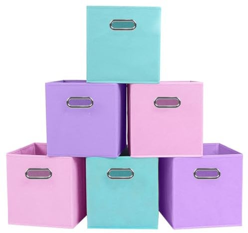 powerking Fabric Storage Box Bins, 6 Pack Foldable Cloth Storage Cube Organizer Drawer with Metal Handle For Closet And Toys Storage,Lavender+Light Blue+Pink