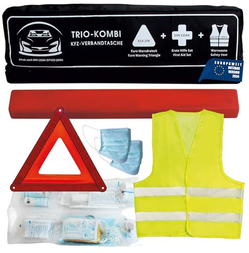 VZL KFZ Auto Zubehör Kombitasche Verbandskasten Auto 2025 tüv geprüft, inklusive Warndreieck und Warnwesten Auto - kfz Verbandskasten inklusive Erste Hilfe Set Auto 2025 (schwarz)