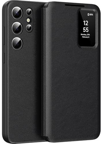 For Samsung S22 Ultra Smart View Case, Wallet Smartphone Case, for Samsung Galaxy S22 Ultra Mobile Phone Case Clear View, Mirror Flip, Card Slot Cover, Viewing Window, Galaxy S22 Ultra (Black)