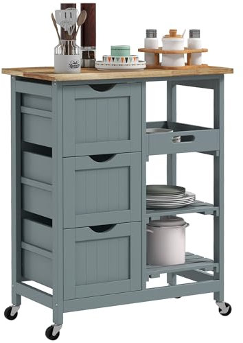 HOMCOM Carro de Cocina Carrito Auxiliar con Ruedas Tablero de Madera 3 Cajones 2 Estantes Abiertos y Bandeja Extraíble para Comedor Salón 67x37x85,5 cm Gris