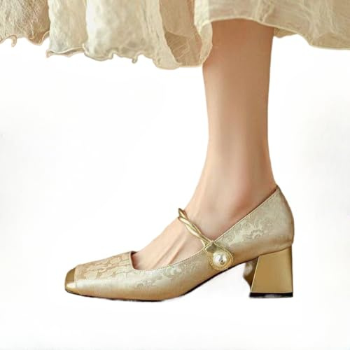 Zapatos de noche Mary Jane de primavera y verano con tacón medio grueso y tacón bajo con punta cuadrada zapatos de vestir clásicos para mujer (Champán,36)