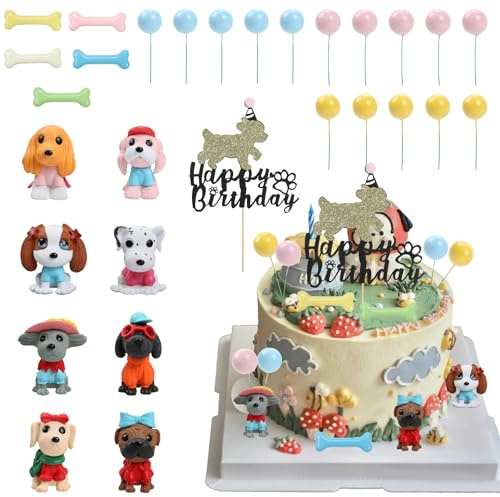 Wasise Dog Cake Toppers - 28PCS Dog Birthday Cake Decor, Mini Resin Dogs, Bone and Balloon Cakes Topper Set,Pet Themed Cakes Decorations for Birthday Baby Shower Supplies,Farm Animal Party Decoration