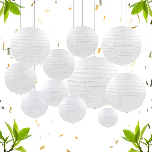 30 Stücke Lampions Weiße Papier Runde Papierlaternen für Hochzeiten Geburtstagsfeier Gartendekoration (10/15/20/25/30 cm)