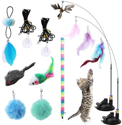 16 Pièces Jouet Chat Interactif, Jouet pour Chat Intérieur | avec Ventouse, Plumes, Canne à Pêche Chat, Souris, Balles à Pompons, Chenille Arc-en-ciel