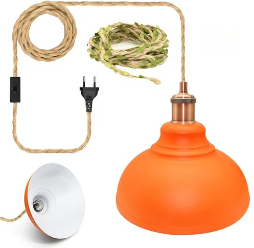 ZRLXFM 9.84” Metall Lampenschirm für Hängelampe mit Schalter, Vintage Pendelleuchte DIY Kit mit 5.1m Hanfseil-Kabel und Stecker, E26/E27 Lampenfassung Orange Hängeleuchte inkl. 5m grünem Dekoband