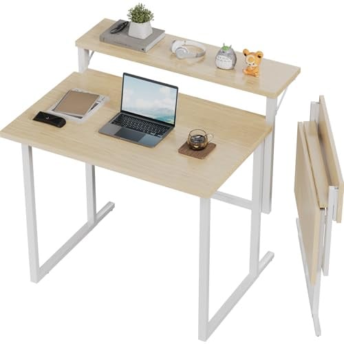 JUMMICO Schreibtisch Klappbar, 80 cm Kleiner Schreibtisch mit Monitorablage, 2-stufiger Klapptisch für Home Office, Büro, Schule, Computertisch für kleine Räume, Beige