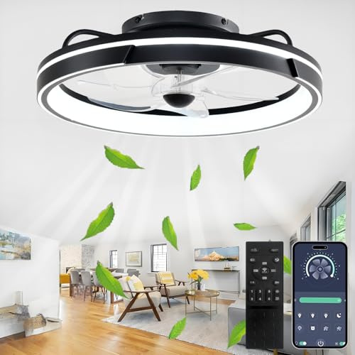 SXJCCSM LED Deckenventilator mit Beleuchtung und Fernbedienung, Leise, 64W APP Dimmbare Deckenleuchte mit Ventilator, Umkehrbare 6-Speed Lampe mit Ventilator, 5 Lüfterflügel, Timer, (Ø50CM, Schwarz)