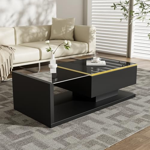 OKMYHOME Table Basse LED avec Plateau en Verre, Noire, 100 × 50 cm | Hauteur 32.5 cm, MDF, finition haute brillance, forme rectangulaire, pour salon