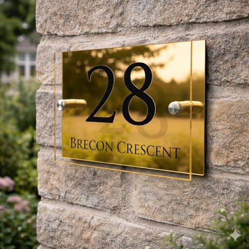 Personalised House Numbers Plaques by Blitz Craft | Glass Effect Acrylic and Gold Aluminium | Custom Address Text with Door Numbers for Outside, Weatherproof Design with Fixings (200x130mm) D002