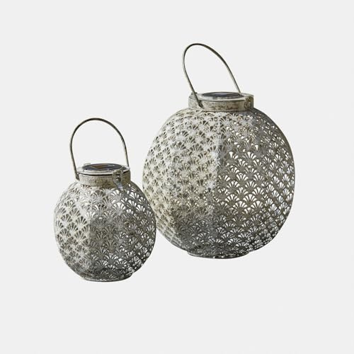 Loberon Solar-Laterne 2er Set Omirah, antikgrau | Zwei Größen - Ornamentales Durchbruchmuster - Orientalischer Look - Handbemalt - Kabellos - Dekoration