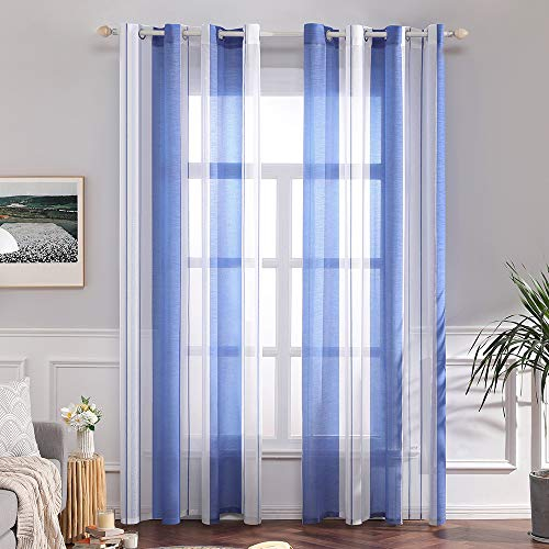 MIULEE Rideaux Voilage à Rayures Blancs et Bleu Ciel, Voilages Intérieurs avec Oeillets, Beaux Voile Rideau Voilage Fenetre Chambre, Lot de 2 Transparent Rideaux Salon Hauteur 225 CM