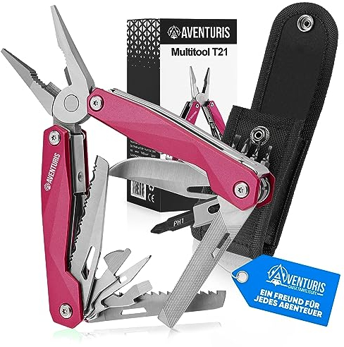 AVENTURIS® Pinkes-Multitool-Werkzeug aus Edelstahl mit 21 Funktionen, Geschenke für Frauen, Multifunktionswerkzeug mit u.a. Zange, Säge und Schraubendreher, Camping auto gadget, Survival
