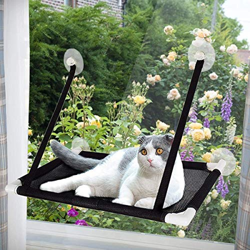 Afufu Ventosa Cat Hammock, Amaca da Finestra per Gatti, 4 Grandi Ventose, può Contenere Fino a 22lb, 60 * 35CM,Nero