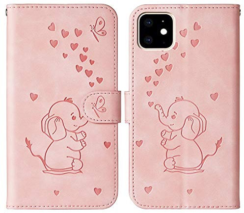 Tiyoo Phone case for iphone 11 Embossed Love Heart Elephant Butterfly Pattern Folding Stand PU Leather Wallet Flip Cover Protective Case with Card Slots, Magnetic Closure (Pink)