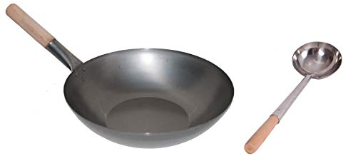 AAF Nommel ®, Wok Set, Pfanne 31 cm Ø Flacher Boden Carbon Stahl + Wok Kelle Edelstahl 44 cm lang mit Holzgriff. Für Gasherd, Elektro, Ceran und Induktion