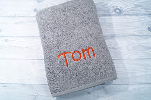 Handtuch mit Namen Bestickt Duschtuch Geschenk Badetuch 500 g/m2 (Grau, 70 x 140 cm)