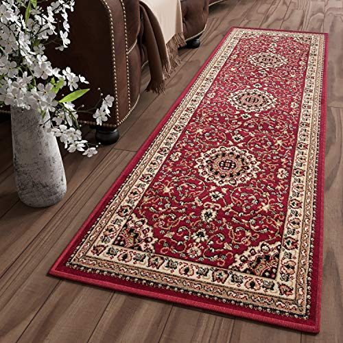 TAPISO Atlas Läufer Kurzflor Teppich Wohnzimmer Klassisch Rot Creme Floral Muster Bordüre Schlafzimmer Traditionell ÖKOTEX 100 x 250 cm