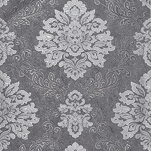 Arthouse Palazzo Damask Charcoal Heavy Weight Vinyl Wallpaper - Hard Wearing - Any Room Including Bathroom - Kitchen - Hallway - Bedroom - Full Roll 10.05m (L) X 53cm (W) 290405