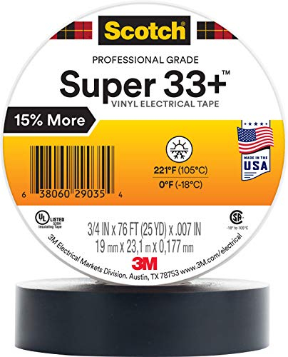 3M Scotch Super 33+ Premium Grade Allwetter-Vinyl Isolierband, 1,9 cm x 23,2 m, lange Rolle, 2,5 cm Kern, Schwarz, 10 Rollen