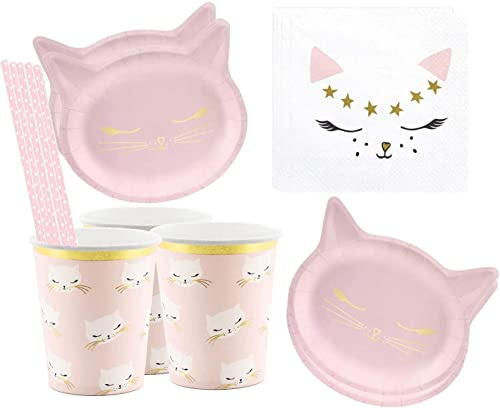 Juego de vajilla para fiesta de gatos, 42 piezas para cumpleaños infantiles