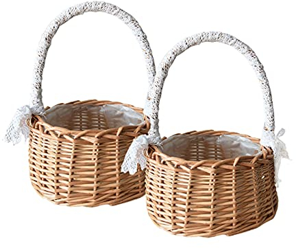 ASSR Gewebter Aufbewahrungskorb mit Griff und Band, Hochzeits-Blumenmädchenkörbe, Rattan-Blumenkorb für Zuhause, Garten, Dekoration, A2, 2 Stück