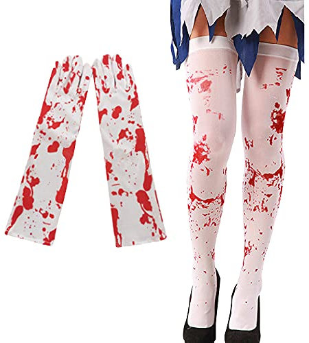 Lifenanny 1 Paar Frauen Blutige Overknee High Strümpfe & Vollfinger Handschuhe Armwärmer für Halloween Kostüm Cosplay Partys Weiß und Rot, Rot/Weiß, Standard größe