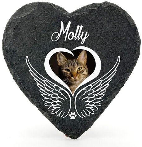 Individueller Personalisiert Herzform Tiergrabstein Schiefer Gedenkstein für Hund, Katze und andere Haustiere Tiere - Größe | 10 x 10 cm | - Engelsflügel