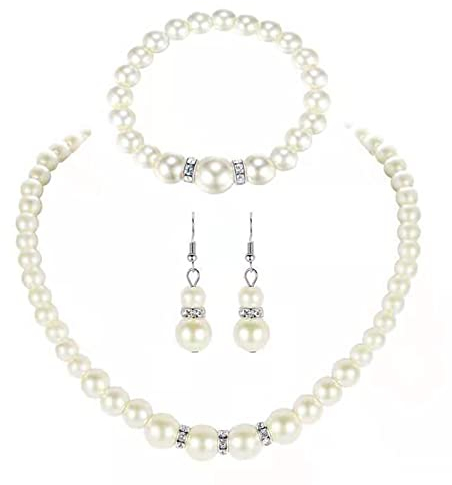 Dishowme Mariage Perle Collier Boucles D'oreilles Ensemble Cristal De Mariée Faux Perle Pendentif Collier Bracelet Dangle Bijoux pour Femmes Grils Brides Demoiselles D'honneur (Argent)