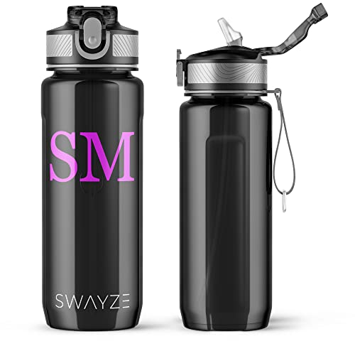 Personalised Water Bottle with Straw 800ml Water Bottle, CUSTOM INITIALS, BPA Free Leakproof Lockable Flip Lid Drink Bottle Sports Gym School Him Her Gift (Black)
