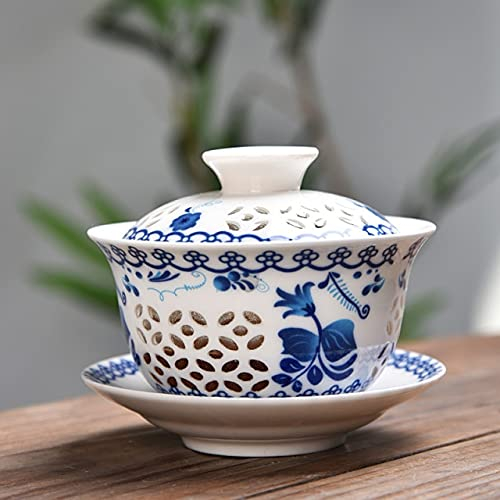 CODAO Juego de té Kung Fu de Nido de Abeja Hueco, Porcelana Azul y Blanca, sopera de cerámica Gaiwan