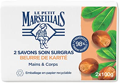 Le Petit Marseillais | Savon Soin Surgras Beurre de Karité (2 pains de 100 g) – Savon mains et corps avec 98% d'ingrédients d'origine naturelle – Emballage en papier recyclable
