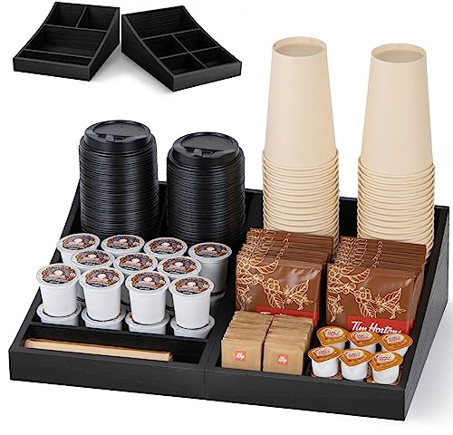 ANBOXIT Organizador de Estación de Café para Encimera, Bandeja de Servicio de Condimentos, Organizador de Barra de Café para Hogar, Oficina y Sala de Descanso - Madera, Negro, 9 Compartimentos