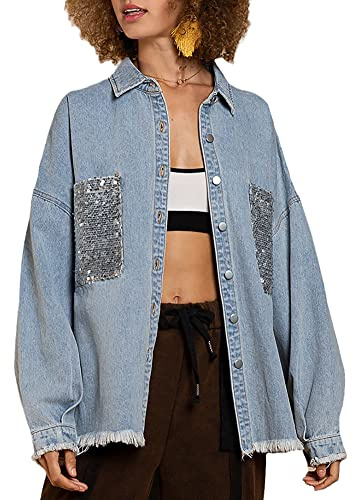Fashion's Fashion Sequin Jean Jean Jean Chaqueta De Manga Larga Botón Deshilachada